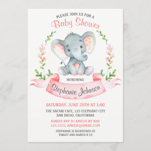 Invitation Baby shower de fille Eléphant Aquarelle