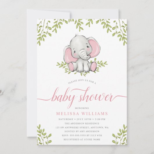 Invitation Baby shower de fille Eléphant de verdure moderne (Devant)