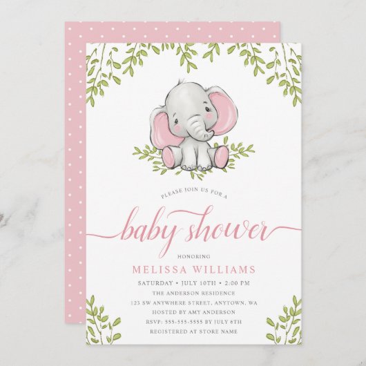 Invitation Baby shower de fille Eléphant de verdure moderne (Devant / Derrière)