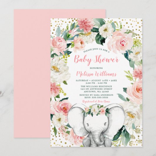 Invitation Baby shower de fille Eléphant Floral Rose or (Devant / Derrière)