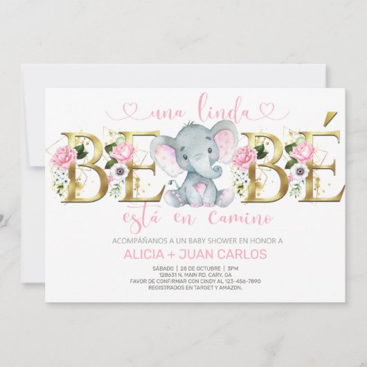 Invitation baby shower de fille éléphante, espagno (Devant)