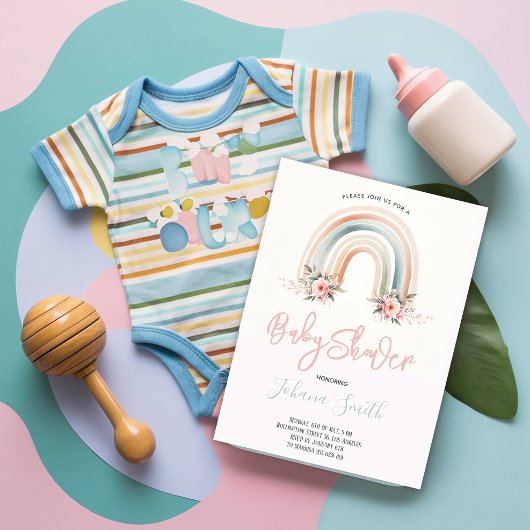 Invitation Baby shower de fille en arc-en-ciel ros