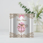 Invitation Baby shower de fille en dentelle Brown rose (Debout devant)