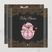 Invitation Baby shower de fille en dentelle rose noire (Devant / Derrière)