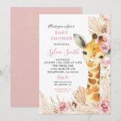 Invitation Baby shower de fille en girafe Boho rose roux (Devant / Derrière)