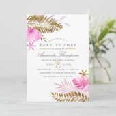Invitation Baby shower de fille Feuille rose et or tropicale (Debout devant)