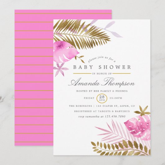 Invitation Baby shower de fille Feuille rose et or tropicale (Devant / Derrière)