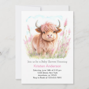 Invitation Baby shower de fille Fleur sauvage de vache Highla