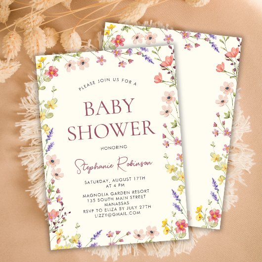 Invitation Baby shower de fille Fleur sauvage délicieuse de B