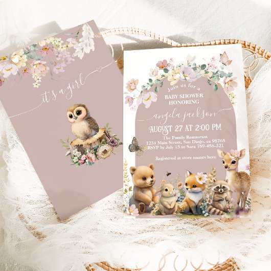 Invitation Baby shower de fille fleur sauvage des animaux des