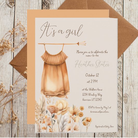 Invitation Baby shower de fille Fleur sauvage Jaune Boho