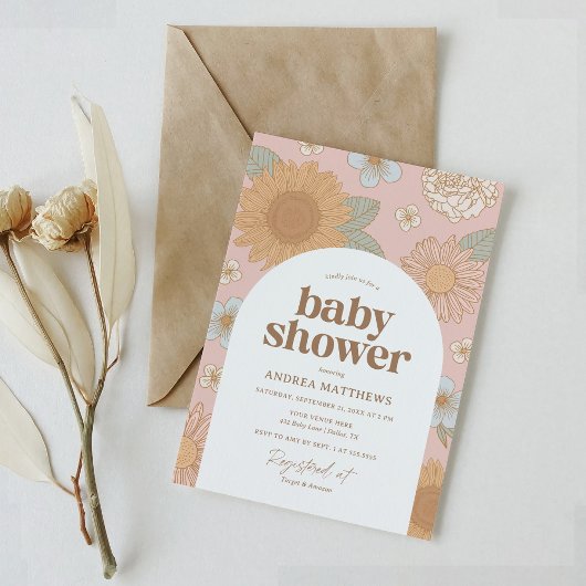 Invitation Baby shower de fille Fleur sauvage rétros