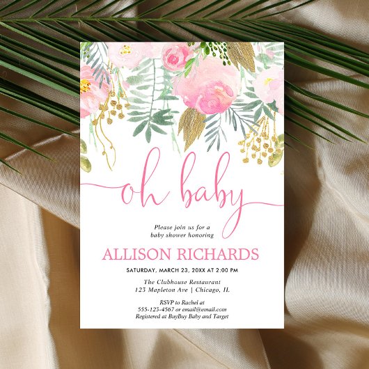 Invitation Baby shower de fille fleurie rose et or
