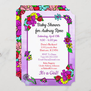 Invitation Baby shower de fille florale Whimsical violet, rou