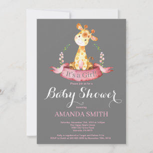 Invitation Baby shower de fille Giraffe rose et gr