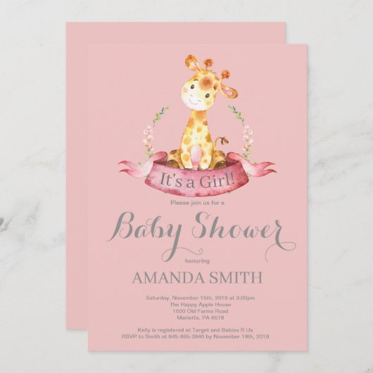 Invitation Baby shower de fille Giraffe rose et gr (Devant / Derrière)