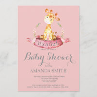 Invitation Baby shower de fille Giraffe rose et gr