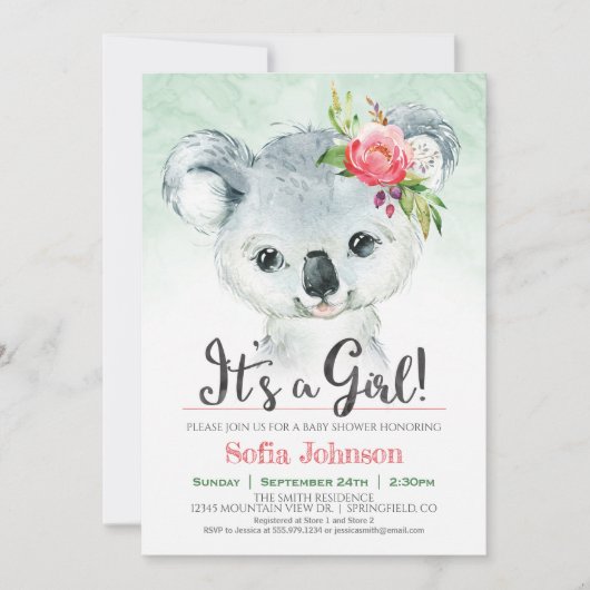 Invitation Baby shower de fille Koala (Devant)
