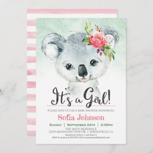 Invitation Baby shower de fille Koala (Devant / Derrière)