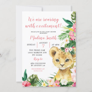 Invitation Baby shower de fille Lion Tropical