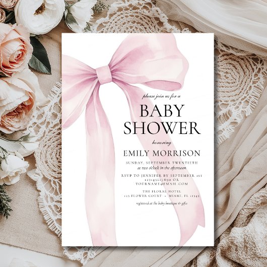 Invitation Baby shower de fille moderne Bow rose pâle