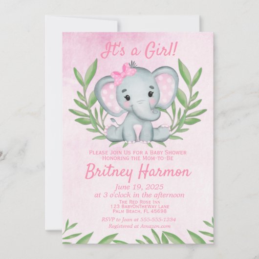 Invitation Baby shower de fille moderne Pink Elephant Safari (Devant)