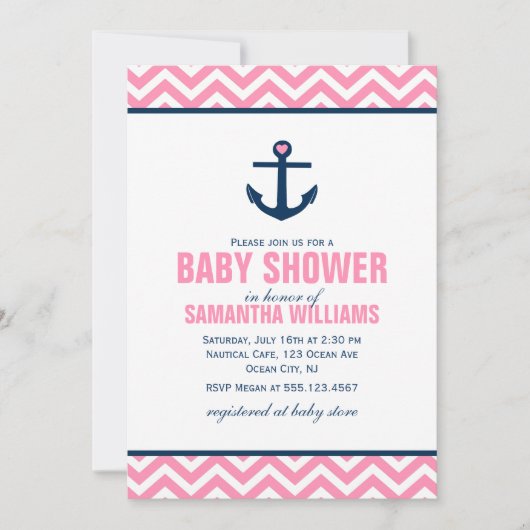 Invitation Baby shower de fille Nautical Chevrons rose (Devant)