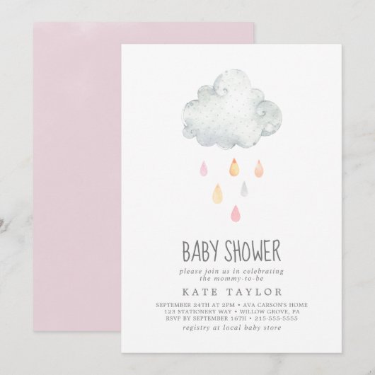 Invitation Baby shower de fille nuage de pluie (Devant / Derrière)