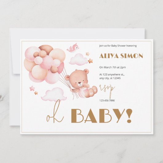 Invitation Baby shower de fille or et rose (Devant)