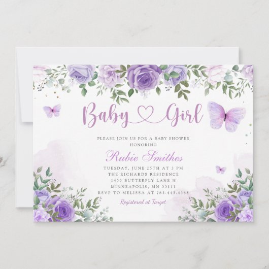 Invitation Baby shower de fille papillon floral violet modern (Devant)