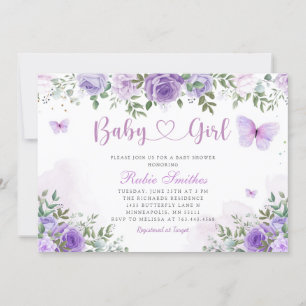 Invitation Baby shower de fille papillon floral violet modern