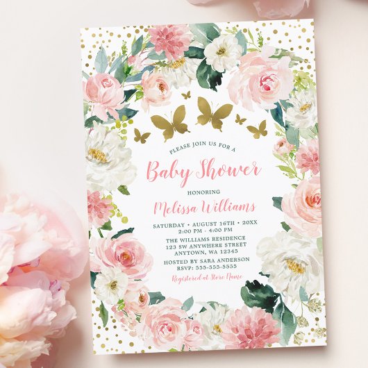 Invitation Baby shower de fille papillon rose or floral
