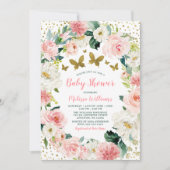 Invitation Baby shower de fille papillon rose or floral (Devant)