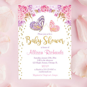 Invitation Baby shower de fille papillon violet en or rose