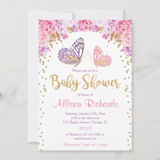 Invitation Baby shower de fille papillon violet en or rose (Devant)