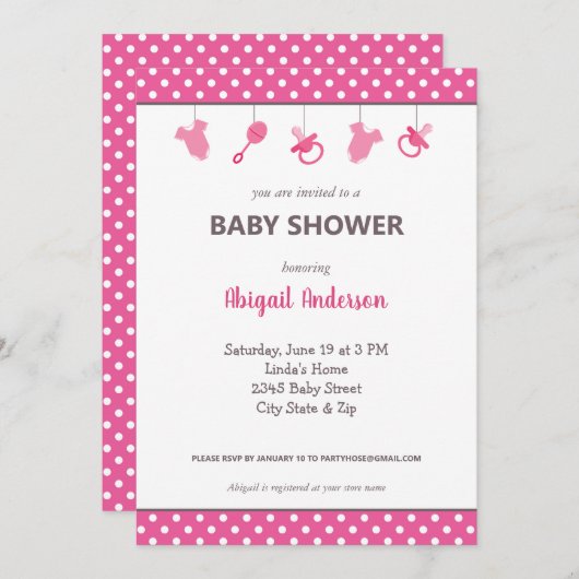 Invitation Baby shower de fille Pink Polka Dot (Devant / Derrière)