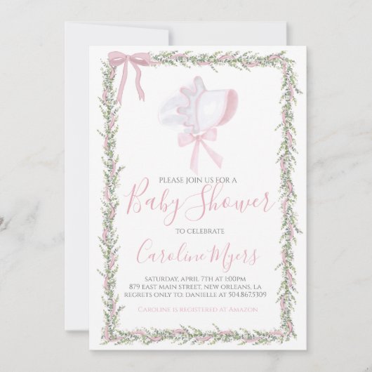 Invitation Baby shower de fille Pink Preppy Bonnet (Devant)