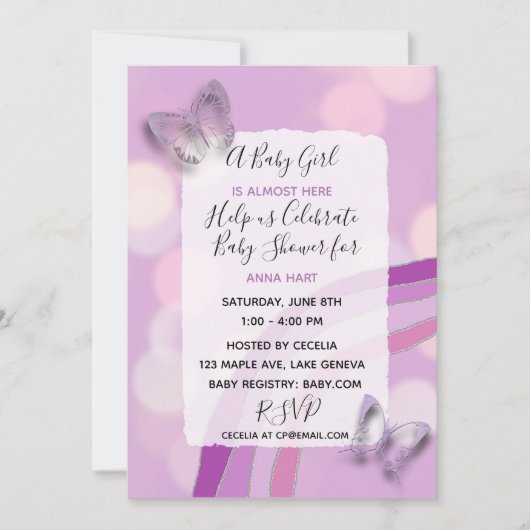 Invitation Baby shower de fille pourpre arc-en-ciel et papill (Devant)