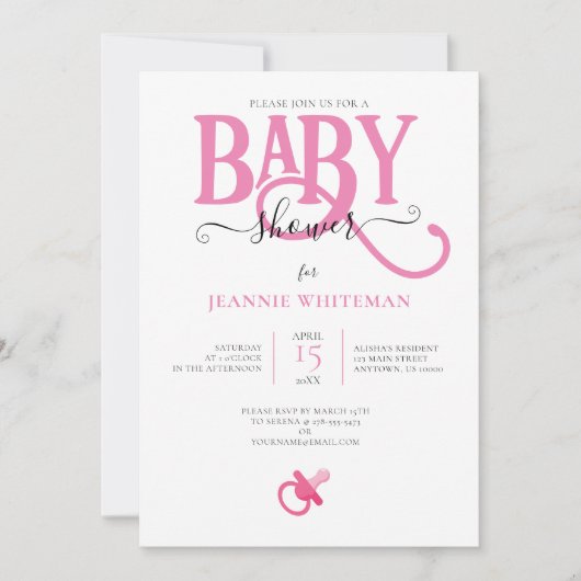 INVITATION BABY SHOWER DE FILLE ROSE AVEC PACIFIQUE (Devant)