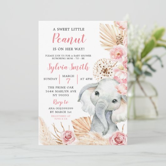 Invitation Baby shower de fille rose Boho Elephant (Debout devant)