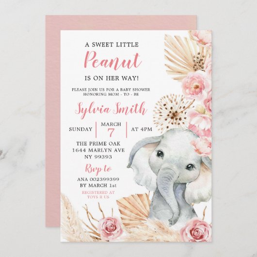 Invitation Baby shower de fille rose Boho Elephant (Devant / Derrière)