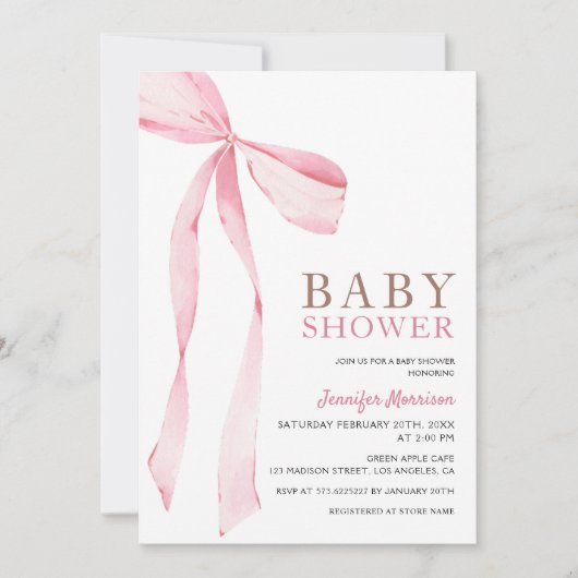 Invitation Baby shower de fille rose Bow moderne (Devant)