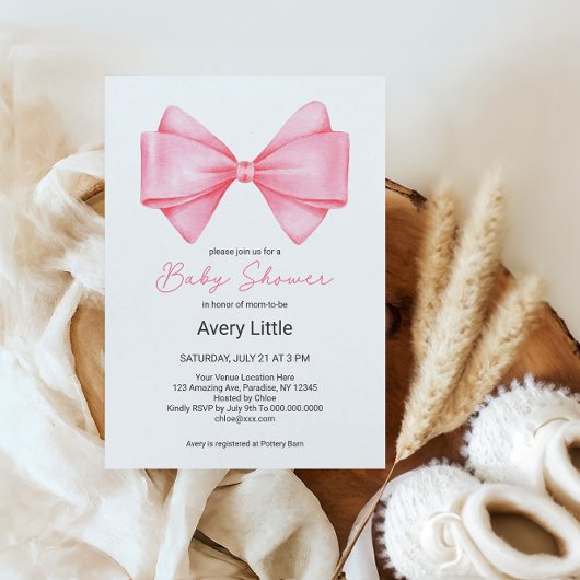 Invitation Baby shower de fille rose Bow moderne
