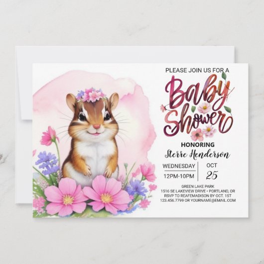 Invitation Baby shower de fille rose de la forêt d'écureuils  (Devant)