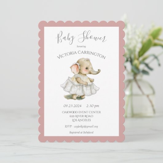 Invitation Baby shower de fille rose Eléphant (Debout devant)