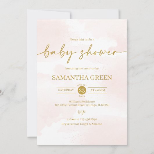 Invitation Baby shower de fille rose et or (Devant)