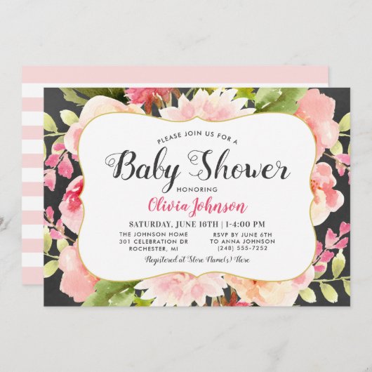 Invitation Baby shower de fille rose floral moderne (Devant / Derrière)