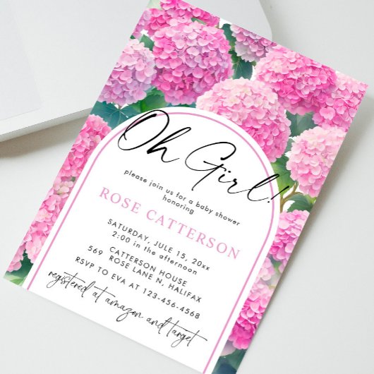 Invitation Baby shower de fille rose Hydrangea Oh
