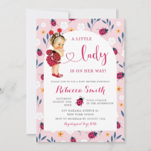 Invitation Baby shower de fille rose Ladybug blond (Devant)