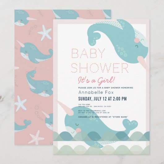 Invitation Baby shower de fille rose marine des vagues Narwha (Devant / Derrière)
